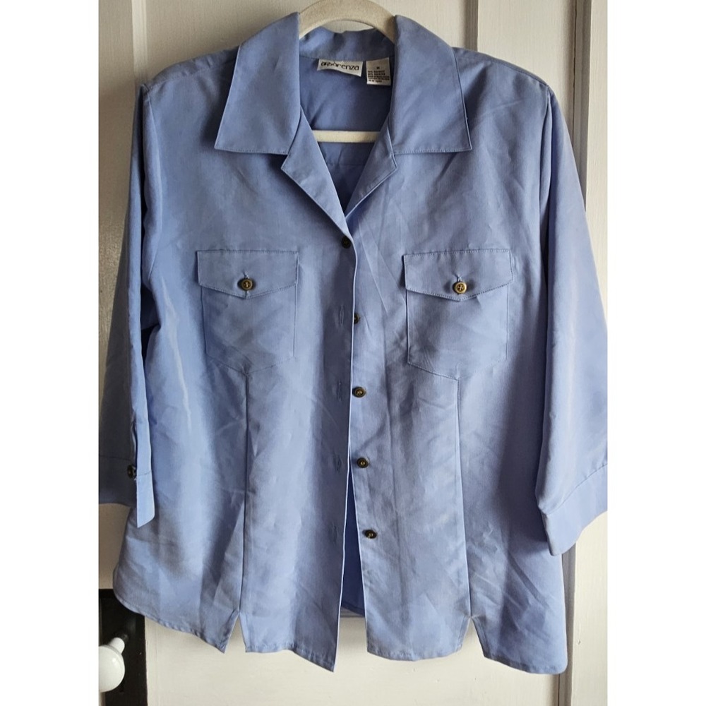 Apparenza women Sz M 3/4 sleeve blue collared‎ button blouse Polynosic blend